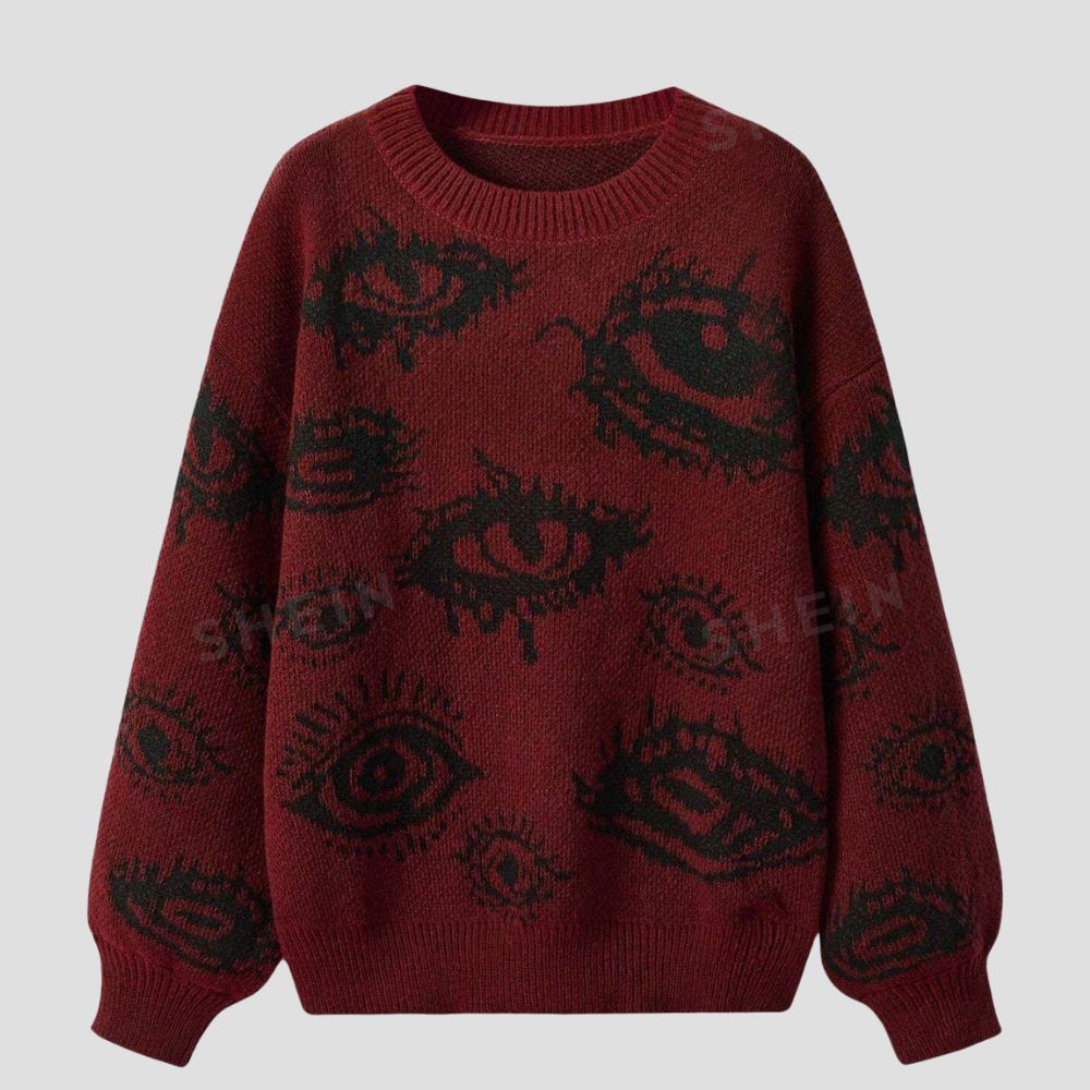 Personality Eye Jacquard Crewneck Loose Knit Sweater