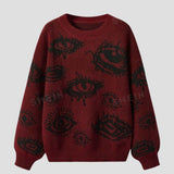 Personality Eye Jacquard Crewneck Loose Knit Sweater