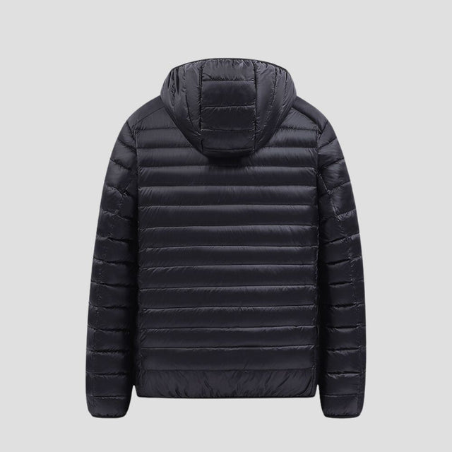 Back view demonstrating the jacket's cozy fit and adjustable hood for added warmth