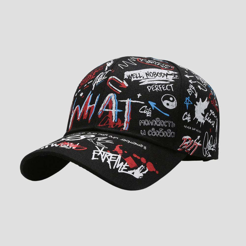 Front view of a personalized printed hip-hop baseball cap.