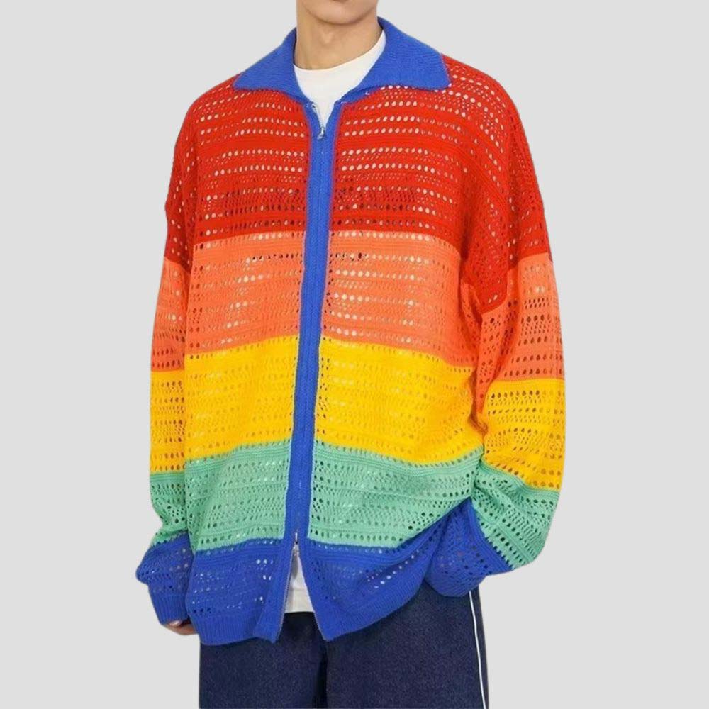 Breathable and edgy rainbow color hollow-out shirt