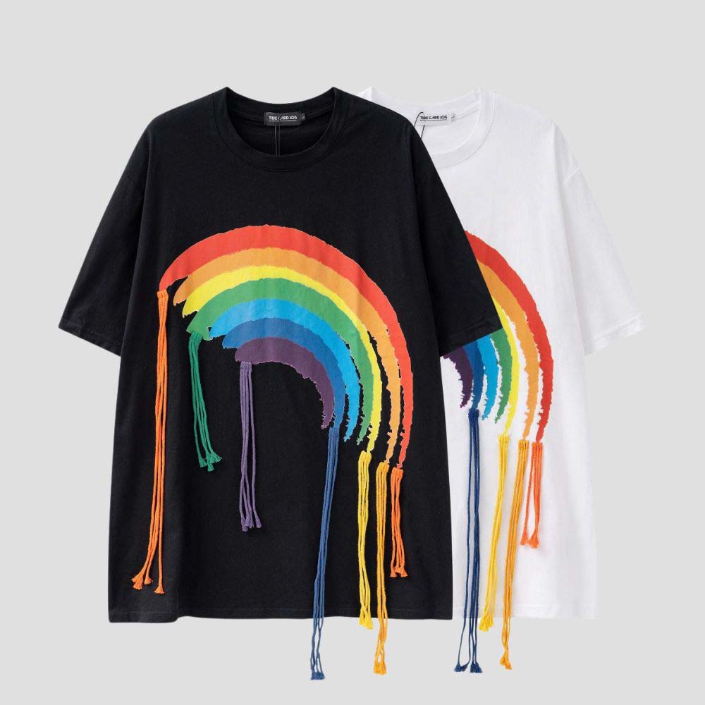 Loose fit unisex tee with rainbow fringe