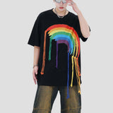 Trendy loose fit tee featuring rainbow fringe