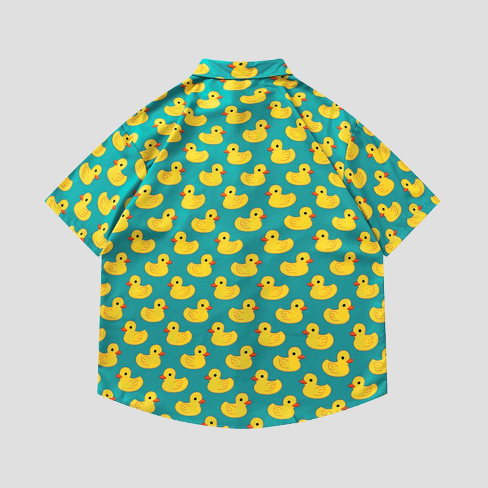 Loose fit shirt featuring a retro duck print, color block design, and street fashion style.