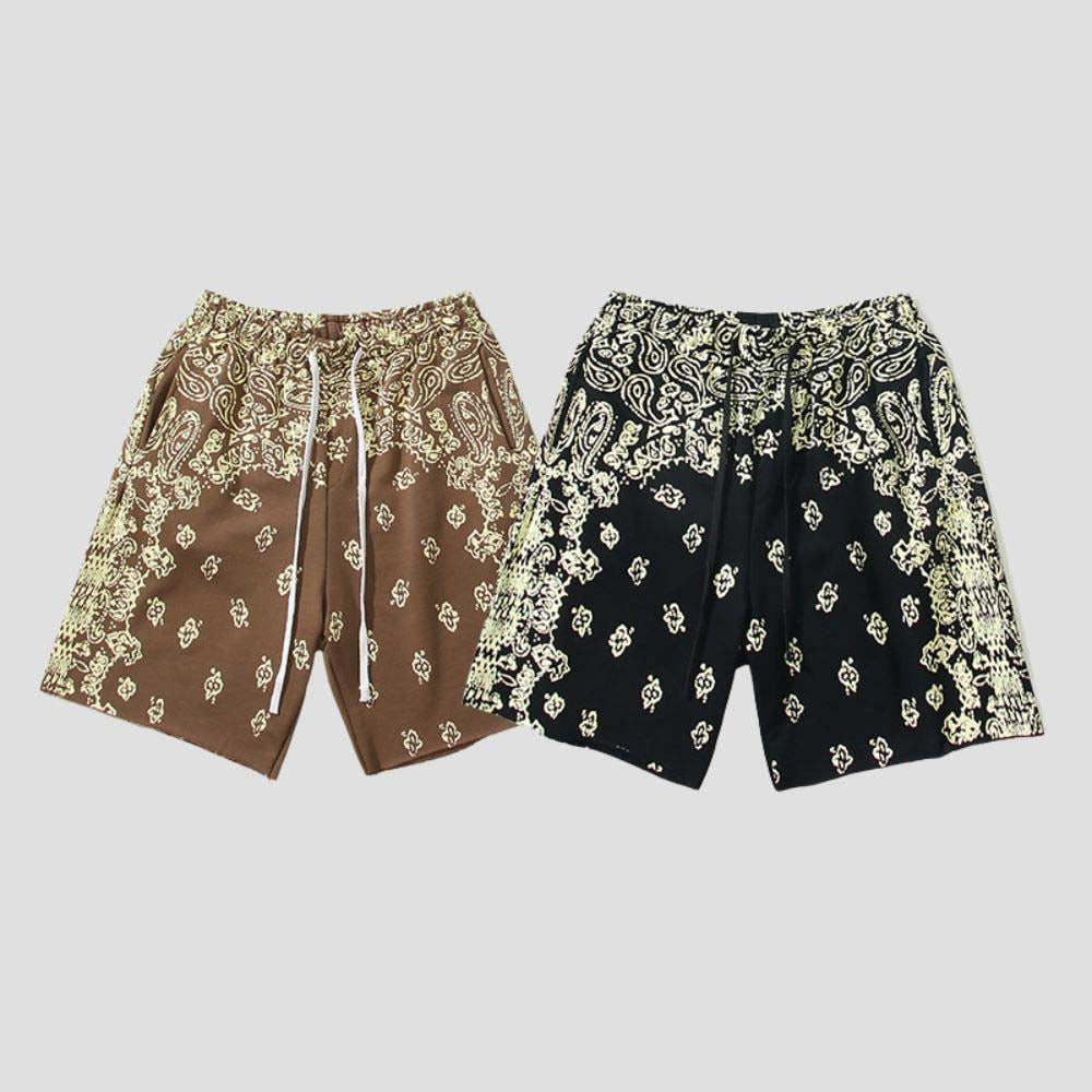 Street-style hip-hop shorts with cashew blossom and Sanskrit print