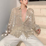 Front view of sequin fringe shirt featuring silk and linen materials.