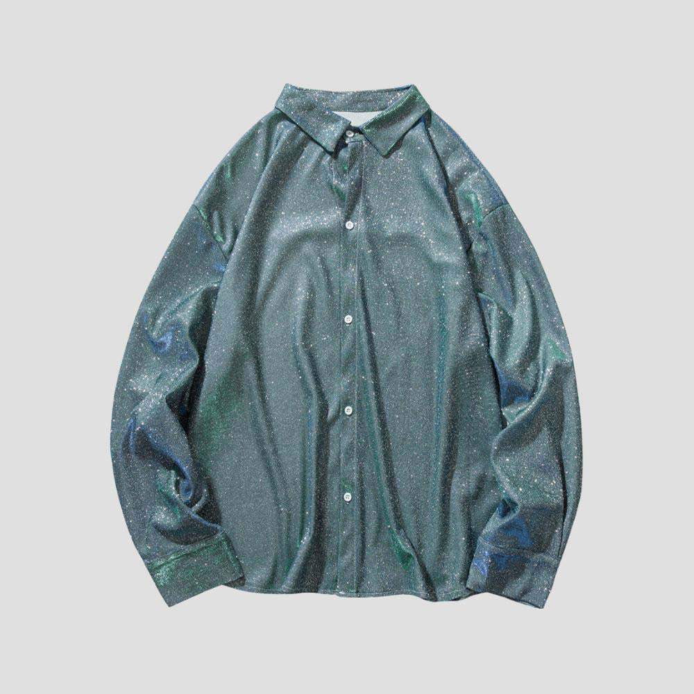 Blue sequin shimmer shirt with gradient metallic finish and button closure.