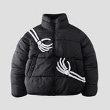 Stylish puffer jacket with vintage skeleton decorations and details.

