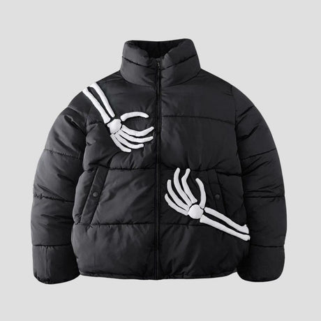 Stylish puffer jacket with vintage skeleton decorations and details.
