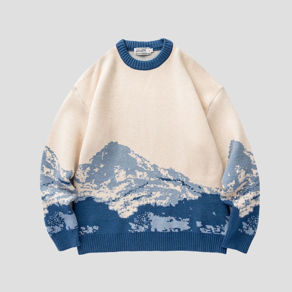 Front view of the Snow Mountain Print Sweater featuring the detailed mountain design.