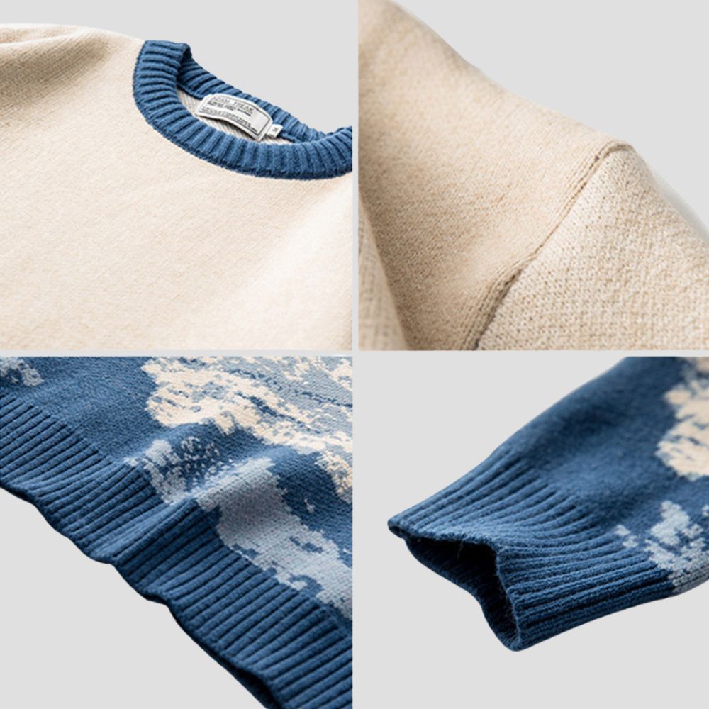  Fabric texture of the Snow Mountain Print Sweater highlighting its softness and warmth.