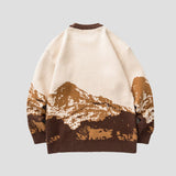 Back view of the Snow Mountain Print Sweater highlighting the seamless color-block design.