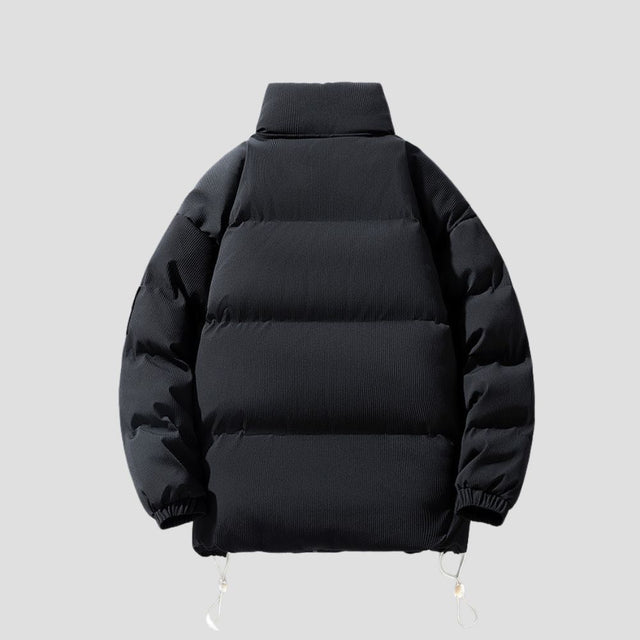 Side view of Solid Color Stand Collar Cotton Jacket, highlighting the relaxed fit