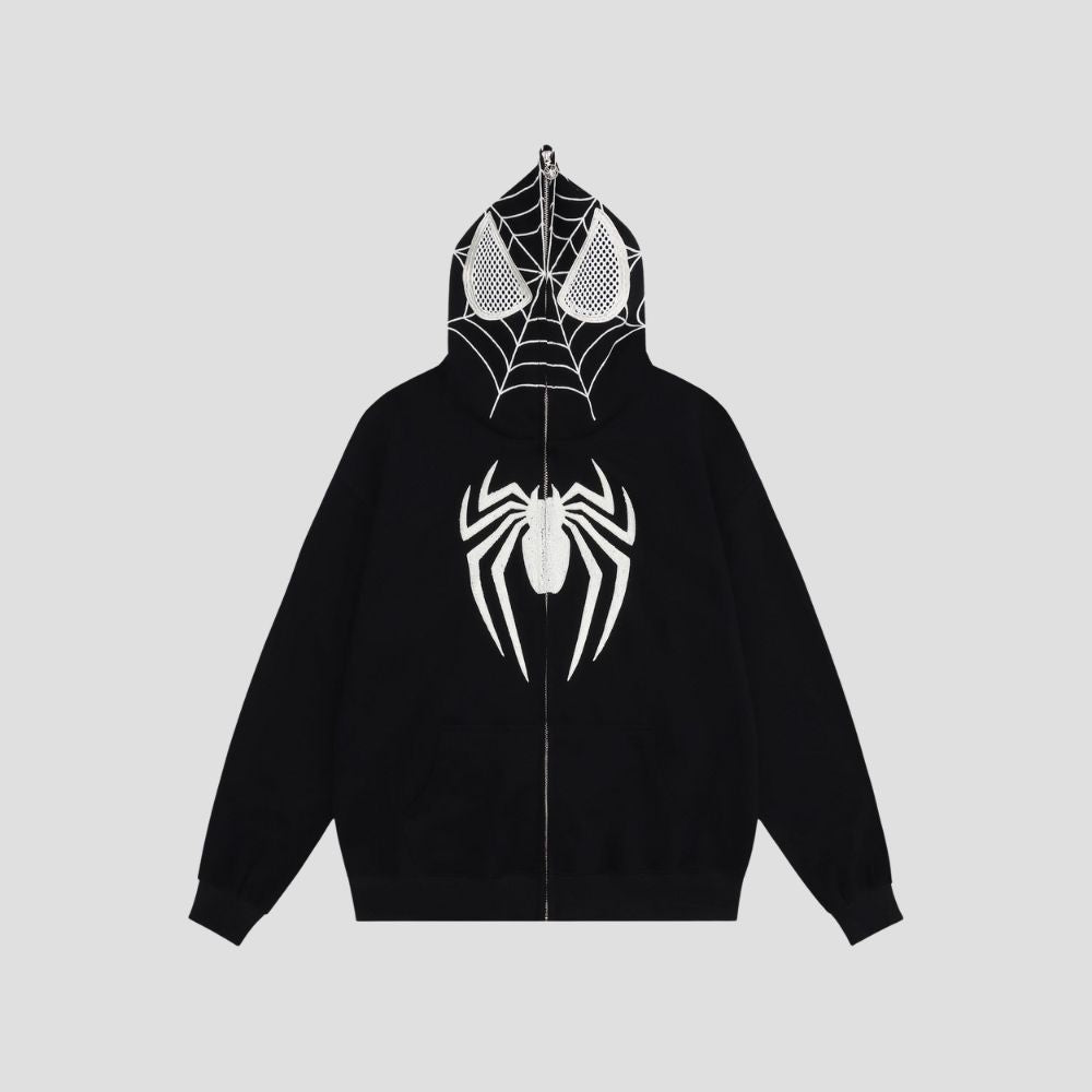  Front view of the Spider Hoodie showcasing the unique design.