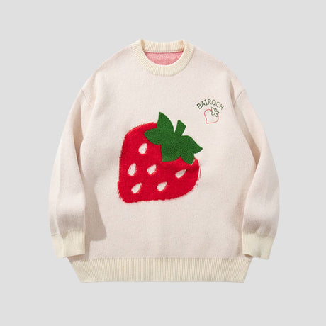 Cozy sweater featuring vibrant strawberry embroidery design
