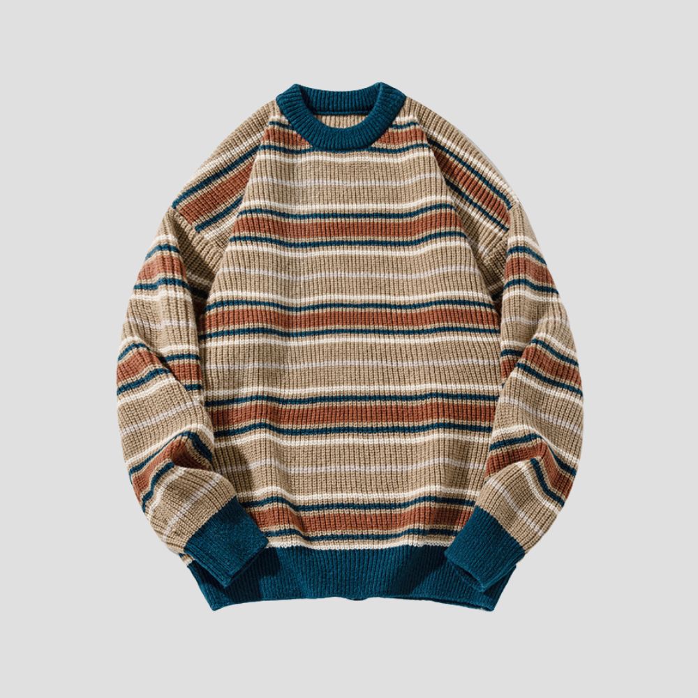 Striped chunky sweater perfect for casual fall outings.
