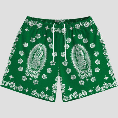 Unisex loose-fit shorts featuring iconic Virgin Mary image