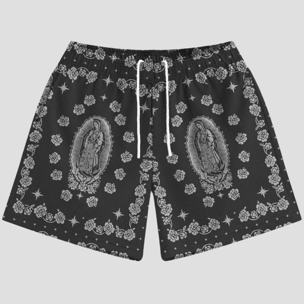 Street-style hip-hop shorts with Virgin Mary image print