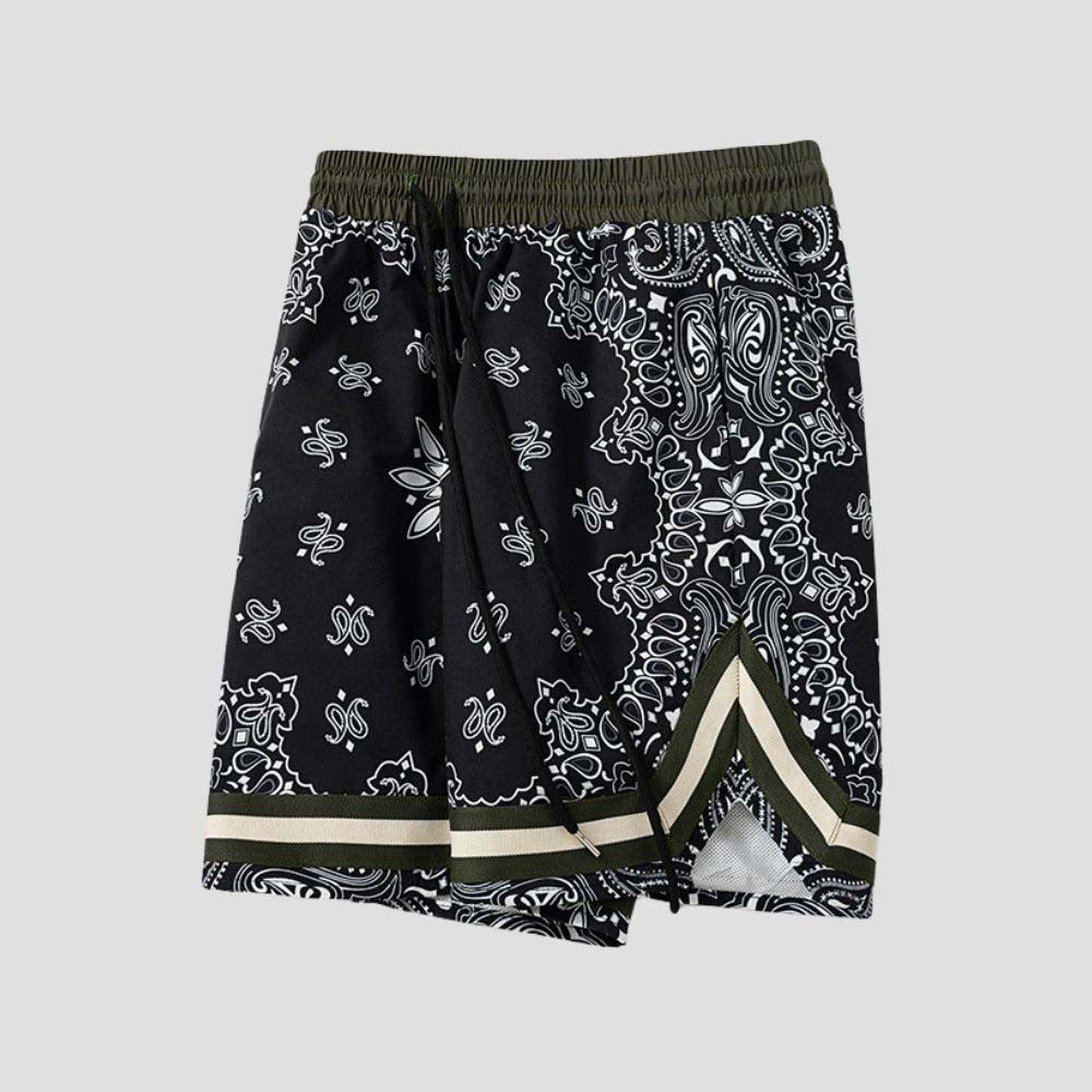 Black sports shorts featuring orange lettering logo