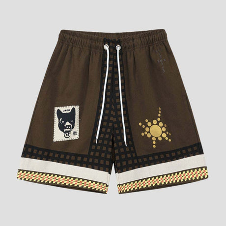 Loose-fit unisex shorts with hip-hop inspired sun and wolf embroidery