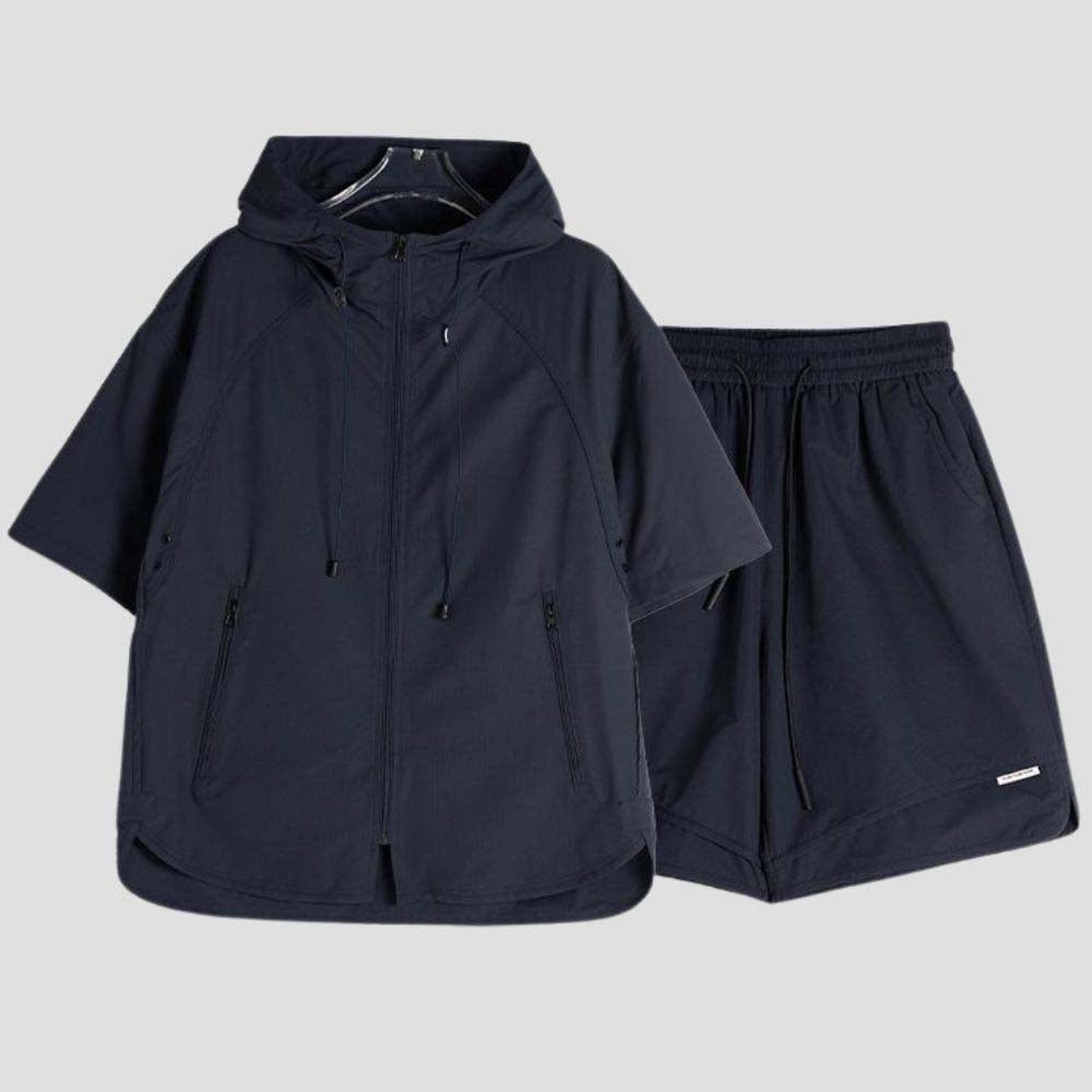 Solid Color Thin Hooded Jacket & Shorts Set, Waterproof and Quick-Drying