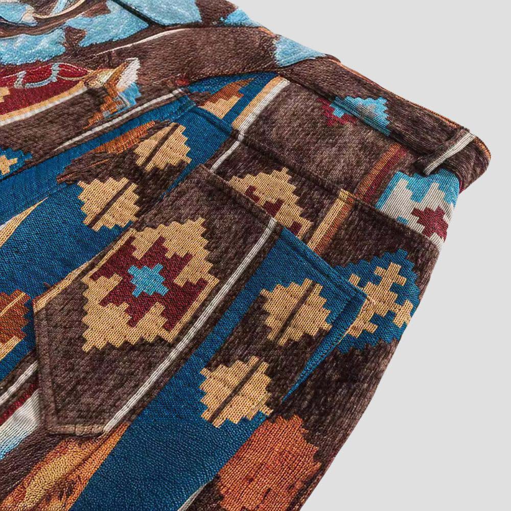 Durable fabric pants featuring vintage tribal print.