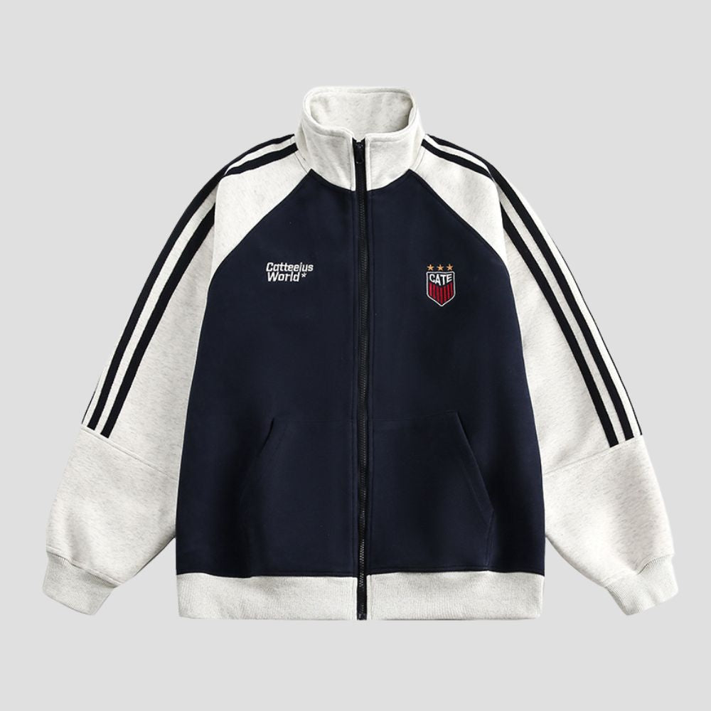 Vintage-inspired jacket with colorful retro design details
