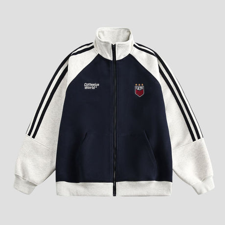 Vintage-inspired jacket with colorful retro design details
