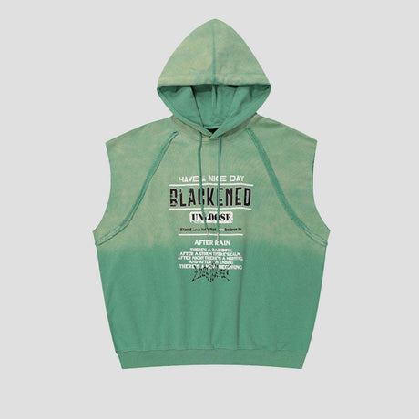 Hip-hop style sleeveless hoodie with hood, featuring streetwear appeal.