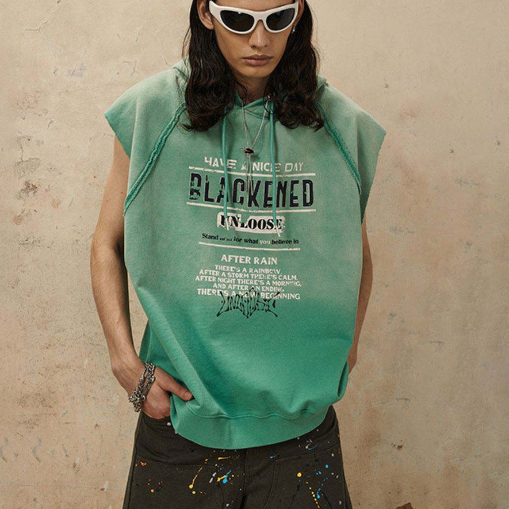 Detailed shot of the hooded sleeveless hoodie with a hip-hop flair.