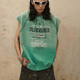 Detailed shot of the hooded sleeveless hoodie with a hip-hop flair.