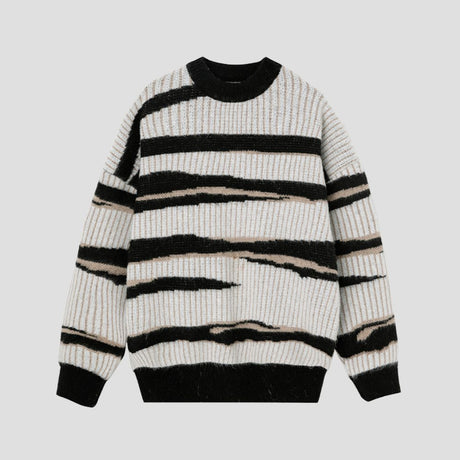 Zebra striped sweater with relaxed casual fit design.
