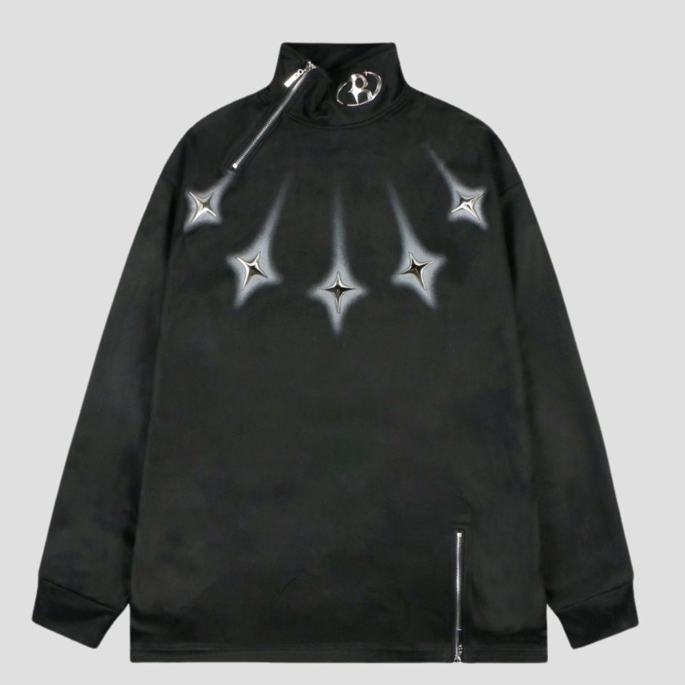 Zip-Decorated High Neck Sweatshirt